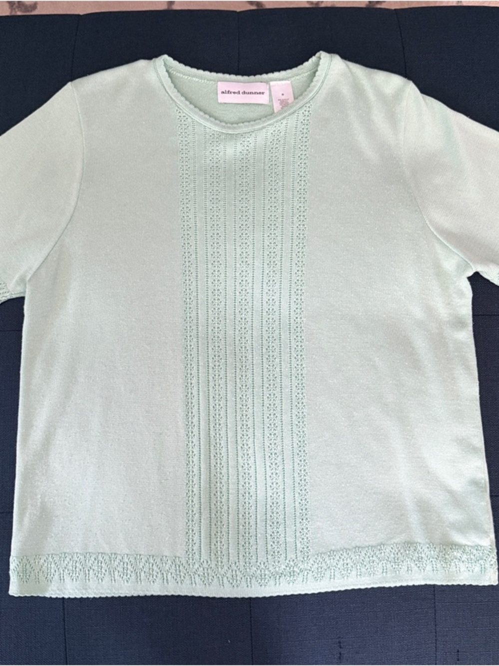 Alfred Dunner Mint Green Short Sleeve Knit Sweater with Pointelle Detail